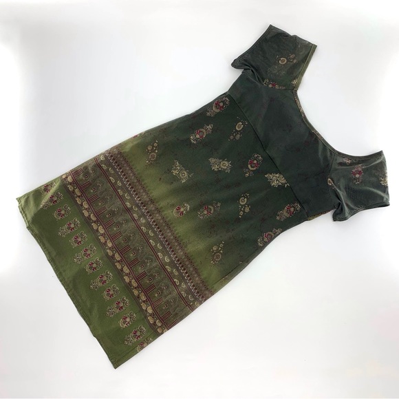 Scarlet Green and Sparkly Gold Paisley Cap Sleeve Ruched Bust Dress, 7 DAMAGED - Picture 11 of 16